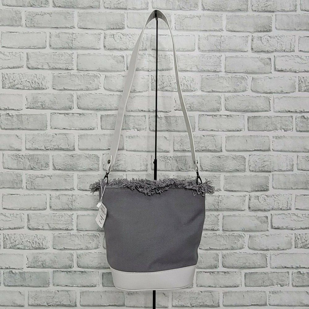 Neiman Marcus Grey Frayed Fringe Canvas Bucket Bag Purse Shoulder Bag NEW